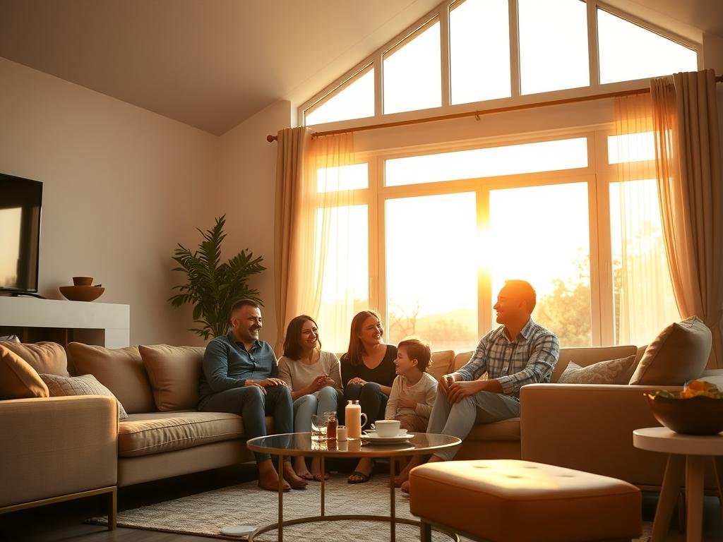 A family enjoying evening time in their west-facing house with beautiful sunset light A family enjoying evening time in their west-facing house with beautiful sunset light