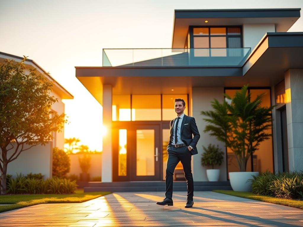 A professional in a business suit entering a west-facing house, illustrating how west-facing homes benefit certain professions according to Vastu A professional in a business suit entering a west-facing house, illustrating how west-facing homes benefit certain professions according to Vastu