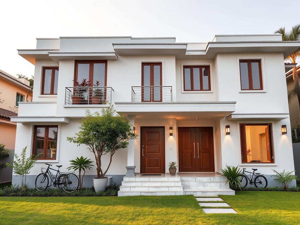 A west-facing house with Vastu-compliant color scheme and plant placement A west-facing house with Vastu-compliant color scheme and plant placement