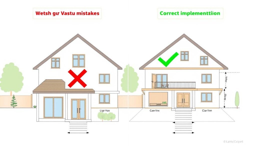 Illustration showing common Vastu mistakes in west-facing houses and their corrections Illustration showing common Vastu mistakes in west-facing houses and their corrections