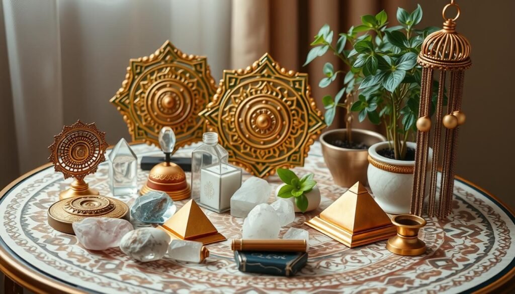 Various Vastu remedies for west-facing houses including yantras, crystals, and plants Various Vastu remedies for west-facing houses including yantras, crystals, and plants