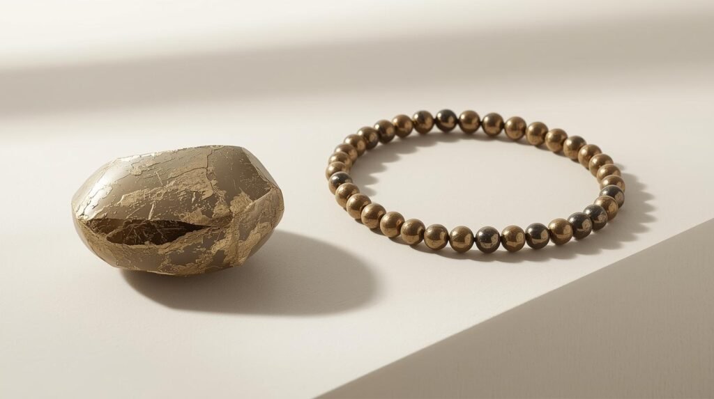 pyrite stone bracelet and mala product display image pyrite stone, bracelet and mala product display image